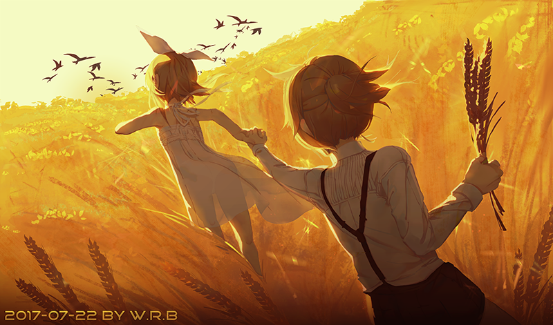 1boy 1girl bird blonde_hair bow chemise chinese_commentary commentary hair_bow hand_holding holding_plant kagamine_len kagamine_rin outdoors ponytail pulled_by_another running shirt short_hair suspenders vocaloid w.r.b wheat wheat_field white_shirt