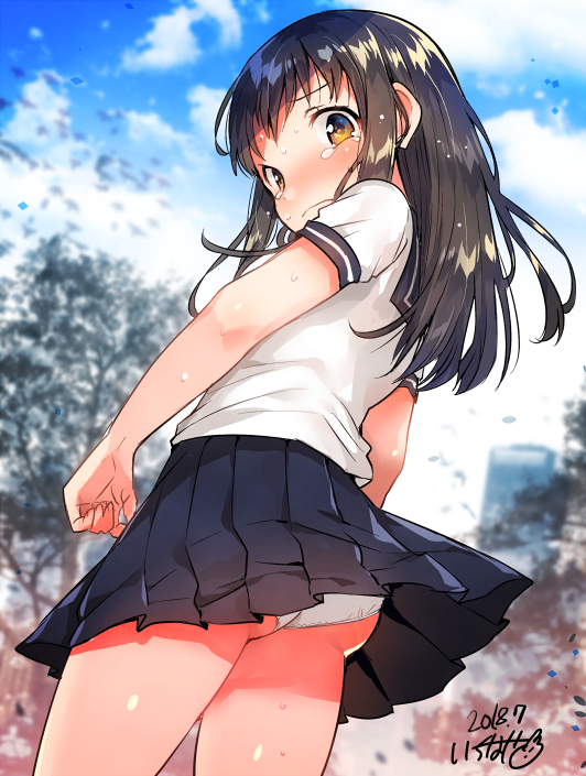 1girl ass black_sailor_collar black_skirt blue_sky blurry blurry_background blush brown_eyes brown_hair closed_mouth clouds cloudy_sky commentary_request dated day depth_of_field ichihaya long_hair looking_at_viewer looking_back original outdoors panties pleated_skirt sailor_collar school_uniform serafuku shirt short_sleeves signature skirt sky solo tears tree underwear white_panties white_shirt