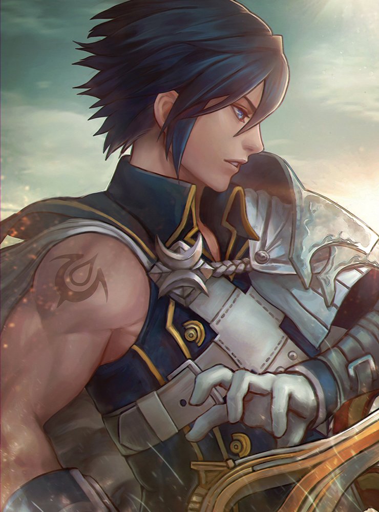 1boy armor blue_eyes blue_hair cape clouds falchion_(fire_emblem) fire_emblem fire_emblem:_kakusei gloves kaejunni krom male_focus nintendo short_hair sky solo sunset sword weapon