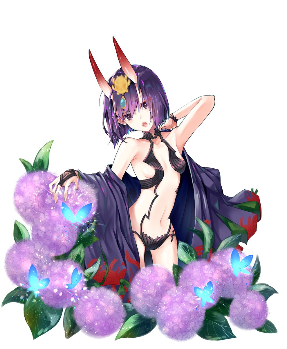 1girl :o arm_up armpits bangs breasts bridal_gauntlets bug butterfly cleavage collarbone cowboy_shot cropped_legs eyebrows_visible_through_hair fangs fate/grand_order fate_(series) flower gradient_hair hair_between_eyes hair_ornament highres horns insect looking_at_viewer multicolored_hair navel open_mouth purple_flower purple_hair revealing_clothes short_hair shuten_douji_(fate/grand_order) sideboob simple_background small_breasts solo sonabi_(misty_alice) standing violet_eyes white_background