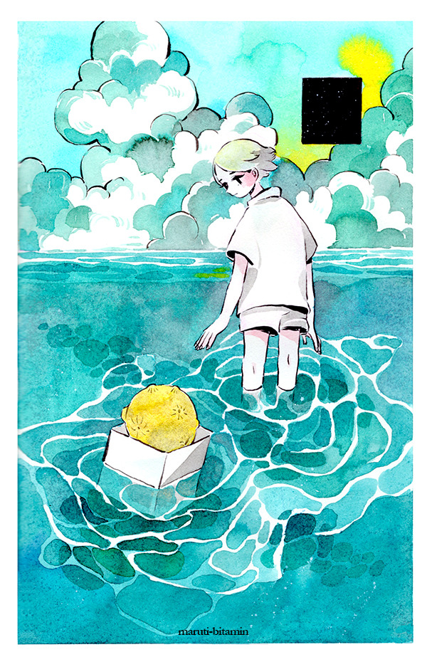 1girl artist_name box clouds cloudy_sky from_behind horizon looking_back maruti_bitamin moon original outdoors partially_submerged rectangle ripples shirt short_sleeves shorts sky solo white_shirt white_shorts