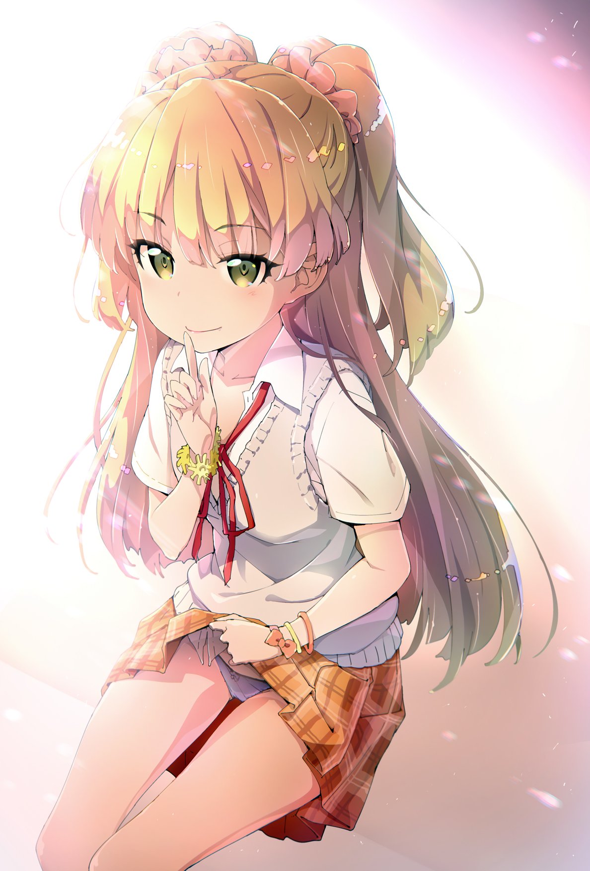 1girl akata_itsuki bangle blonde_hair blush bracelet collared_shirt commentary_request eyebrows_visible_through_hair finger_to_mouth green_eyes hair_ornament hair_scrunchie highres idolmaster idolmaster_cinderella_girls jewelry jougasaki_rika lifted_by_self light light_particles long_hair looking_at_viewer neck_ribbon panties plaid plaid_skirt red_ribbon ribbon scrunchie shirt short_sleeves sitting skirt skirt_lift smile solo sweater_vest two_side_up underwear
