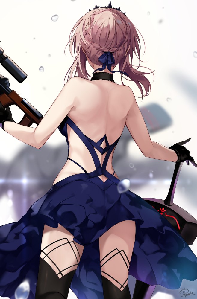 1girl artoria_pendragon_(all) ass bare_shoulders black_gloves black_legwear blue_dress braid crown_braid dark_excalibur dress excalibur fate/grand_order fate_(series) from_behind gloves gun hand_on_sword hirai_yuzuki holding holding_gun holding_weapon long_hair saber_alter shoulder_blades solo sword thigh-highs water_drop weapon