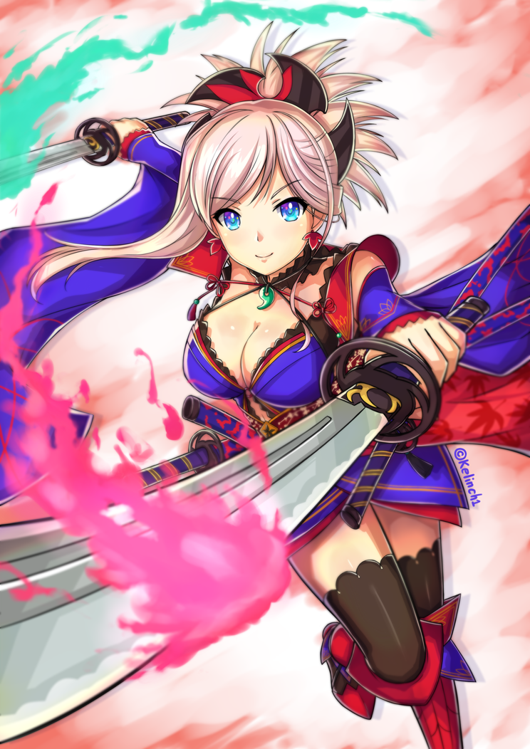 1girl asymmetrical_hair black_legwear blue_eyes blue_kimono blue_sleeves breasts choker cleavage detached_sleeves dual_wielding eyebrows_visible_through_hair fate/grand_order fate_(series) fire floating_hair hair_ornament holding holding_sword holding_weapon japanese_clothes katana kelinch1 kimono long_hair long_sleeves looking_at_viewer magatama_necklace medium_breasts miyamoto_musashi_(fate/grand_order) print_sleeves short_kimono silver_hair solo sword thigh-highs tied_hair twitter_username weapon wide_sleeves zettai_ryouiki