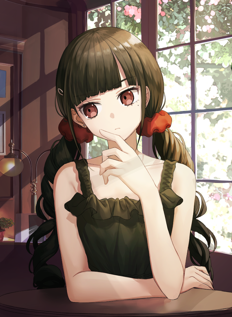 1girl alternate_costume bangs bare_arms bare_shoulders black_dress black_hair breasts closed_mouth collarbone commentary dangan_ronpa dress eyebrows_visible_through_hair hair_ornament hair_scrunchie hairclip harukawa_maki indoors long_hair looking_to_the_side low_twintails mole mole_under_eye new_dangan_ronpa_v3 red_eyes red_scrunchie scrunchie small_breasts solo ssumbi twintails very_long_hair window