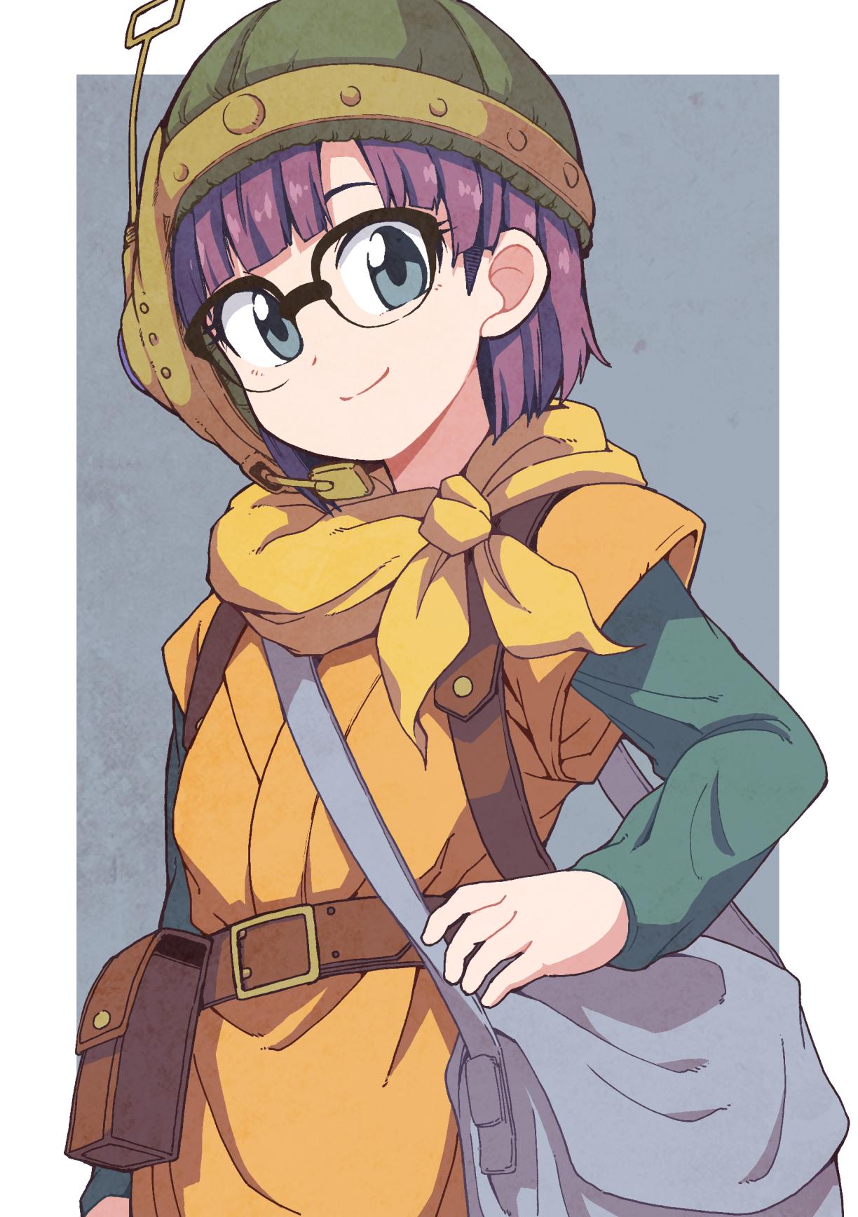 1girl bag bangs belt belt_buckle belt_pouch black-framed_eyewear blunt_bangs brown_belt buckle chrono_trigger closed_mouth glasses green_shirt grey_background grey_eyes head_tilt headset helmet highres long_sleeves looking_at_viewer lucca_ashtear nazonazo_(nazonazot) parted_bangs pouch purple_hair scarf shirt short_hair short_over_long_sleeves short_sleeves shoulder_bag smile solo standing yellow_scarf yellow_shirt