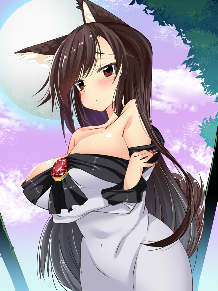 1girl animal_ears ase_(nigesapo) bamboo bamboo_forest bare_shoulders blush breasts brooch brown_hair cleavage collarbone commentary commentary_request crossed_arms dress eyebrows_visible_through_hair fingernails forest imaizumi_kagerou jewelry large_breasts long_fingernails long_hair long_sleeves looking_at_viewer looking_down moon nail_polish nature off-shoulder_dress off-shoulder_shirt off_shoulder outdoors red_eyes red_nails shirt solo tail touhou wide_sleeves wolf_ears wolf_tail