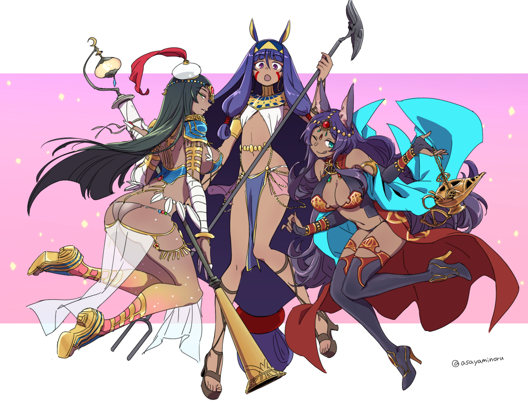 3girls ;q animal_ears asaya_minoru ass bandage bandaged_arm bandages bangle bangs bare_shoulders black_footwear black_legwear boots bracelet breasts bridal_gauntlets brown_footwear cleavage closed_mouth crescent dark_skin earrings egyptian egyptian_clothes eyebrows_visible_through_hair facial_mark fate/grand_order fate_(series) forehead_jewel green_eyes green_hair hair_between_eyes hairband hat head_chain head_tilt high_heel_boots high_heels holding holding_staff hoop_earrings jackal_ears jewelry lantern large_breasts long_hair looking_at_viewer looking_to_the_side low-tied_long_hair mini_hat multiple_girls navel nitocris_(fate/grand_order) oil_lamp one_eye_closed open_mouth pauldrons pink_background profile purple_hair queen_of_sheba_(fate/grand_order) revealing_clothes sandals scheherazade_(fate/grand_order) see-through shoe_soles shoes sidelocks smile staff thigh-highs thigh_boots tilted_headwear tongue tongue_out twitter_username two-tone_background very_long_hair violet_eyes white_background white_headwear