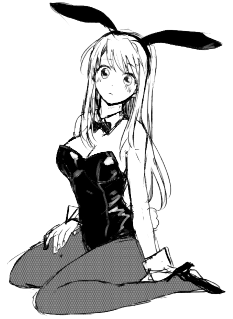 1girl animal_ears arms_at_sides black_footwear black_legwear black_leotard blush breasts bunny_tail bunnysuit cleavage expressionless eyebrows_visible_through_hair fingernails full_body fullmetal_alchemist greyscale leotard long_hair looking_away medium_breasts monochrome pantyhose rabbit_ears seiza simple_background sitting solo tail tsukuda0310 white_background winry_rockbell wrist_cuffs