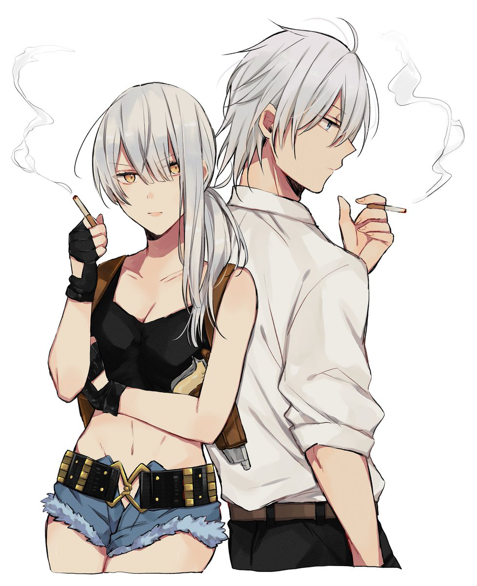 1boy 1girl beretta_92 black_lagoon blue_eyes breasts cigarette cleavage cosplay cutoffs denim denim_shorts fingerless_gloves gloves gun hair_between_eyes handgun highres holster kurosawa_kazuto long_hair midriff navel nier_(series) nier_automata okajima_rokuro okajima_rokuro_(cosplay) pistol ponytail revy_(black_lagoon) revy_(black_lagoon)_(cosplay) short_shorts shorts shoulder_holster silver_hair smoking tank_top weapon yellow_eyes yorha_no._2_type_b yorha_no._9_type_s