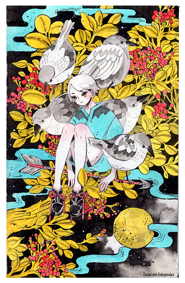 1girl arrow bird black_footwear blue_shirt blue_shorts knees_up leaf maruti_bitamin moon original plant shirt shoes short_hair shorts solo white_hair yellow_eyes