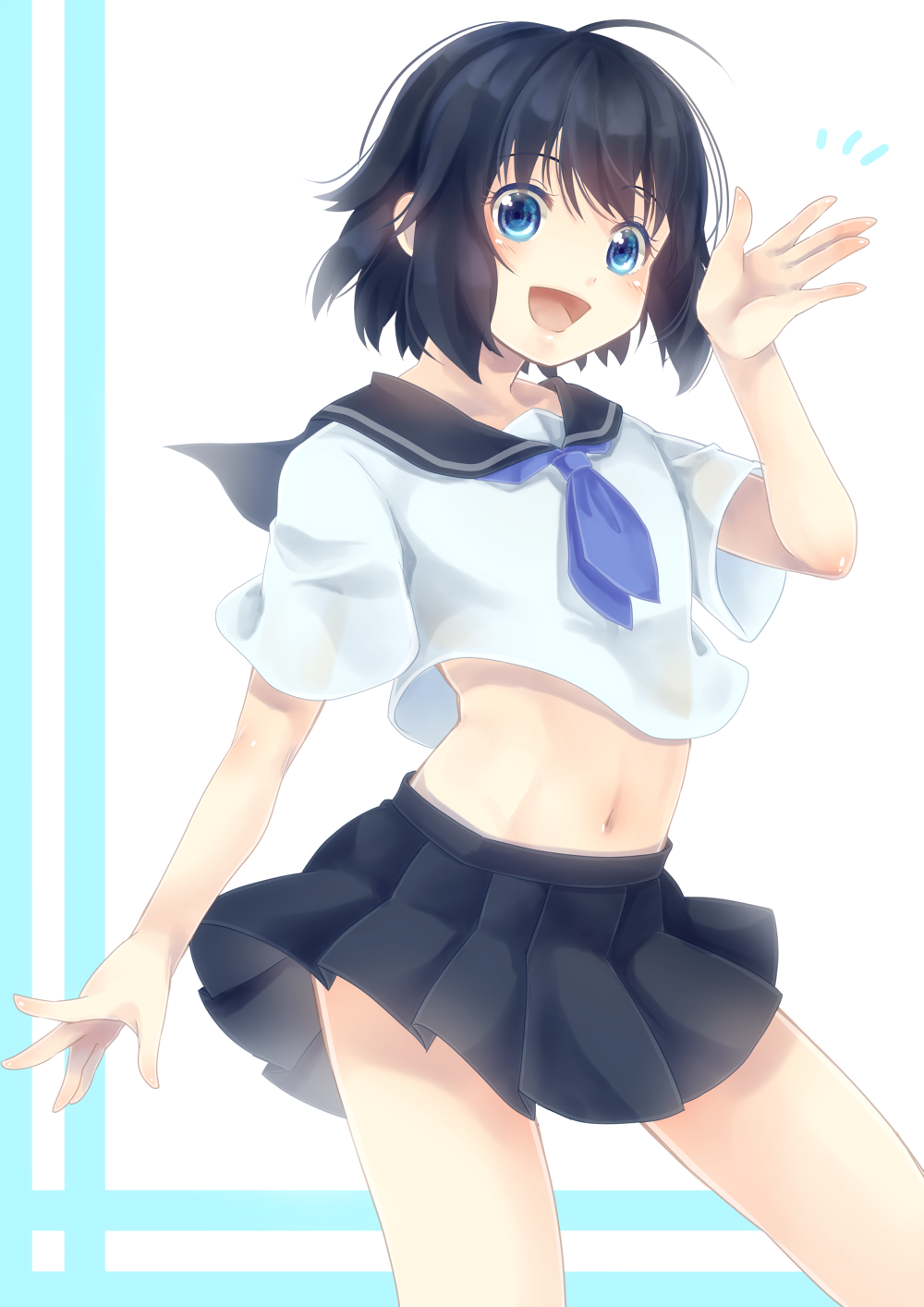 1girl :d ahoge black_hair black_sailor_collar black_skirt blue_eyes blue_neckwear crop_top highres looking_at_viewer midriff miniskirt navel open_mouth original pleated_skirt sailor_collar sakuyabm school_uniform serafuku shirt short_hair short_sleeves simple_background skirt smile solo standing stomach waving white_background white_shirt