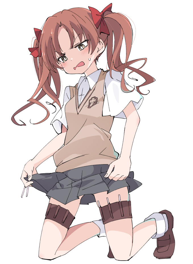 1girl armband brown_eyes brown_footwear brown_hair crest full_body grey_skirt ixy kneeling looking_down loose_socks open_mouth school_uniform shirai_kuroko shirt short_sleeves simple_background skirt skirt_hold solo sweater_vest to_aru_kagaku_no_railgun to_aru_majutsu_no_index tokiwadai_school_uniform twintails white_background white_legwear white_shirt