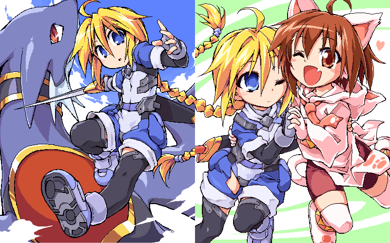 2girls ahoge animal_ears armor bag bangs belt bike_shorts_girl_(tomoshibi_hidekazu) blade blonde_hair blue_belt blue_eyes blue_shorts braid brown_eyes brown_hair cat_ears clouds collar dragon dragon_wings eyebrow_visible_through_hair fang fingerless_gloves girl_with_a_blonde_braid_(tomoshibi_hidekazu) gloves grin hair_tie hand_holding holding holding_weapon interlocked_fingers leg_up leggings long_hair looking_at_viewer multiple_girls one_eye_closed open_mouth original paw_print_pattern pink_hoodie red_eyes red_shorts ribbon shoe_soles shoes short_hair shorts smile sword tail tomoshibi_hidekazu very_long_hair weapon wings