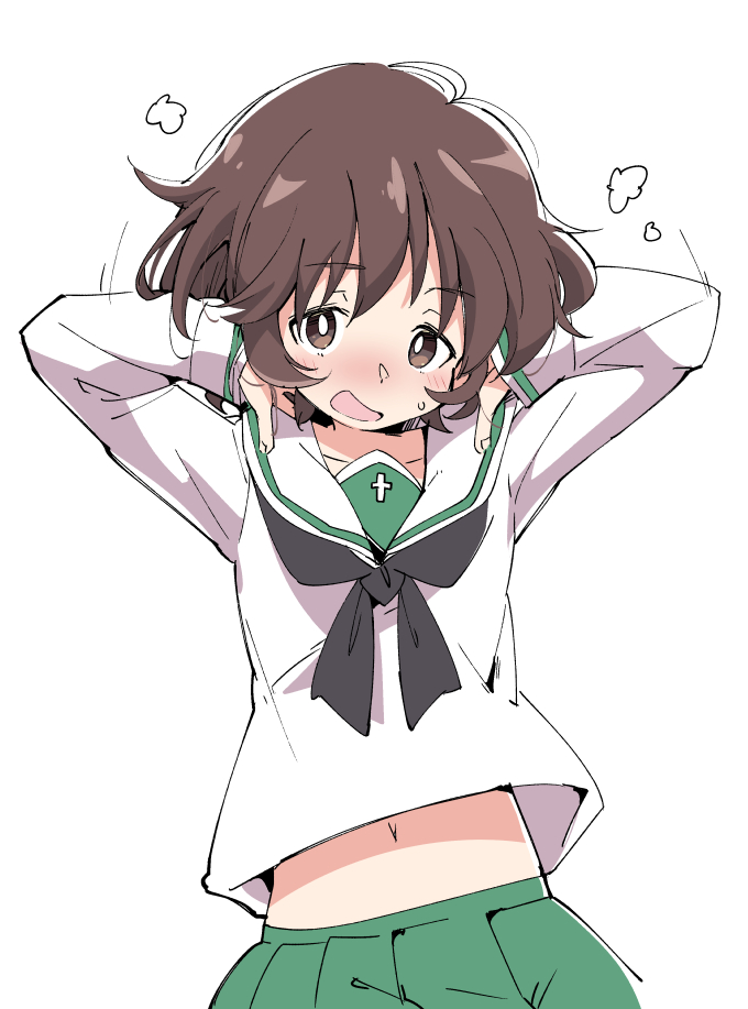 1girl akiyama_yukari blush brown_eyes brown_hair eyebrows_visible_through_hair girls_und_panzer green_skirt ixy long_sleeves looking_at_viewer midriff navel ooarai_school_uniform open_mouth sailor_collar school_uniform short_hair simple_background skirt solo white_background white_sailor_collar