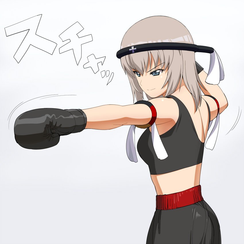 1girl a1 ass blue_eyes blush boxing boxing_gloves breasts closed_mouth eyebrows eyebrows_visible_through_hair girls_und_panzer gloves itsumi_erika medium_breasts midriff monochrome_background shiny shiny_clothes shiny_hair simple_background solo tank_top tomboy training white_background white_hair