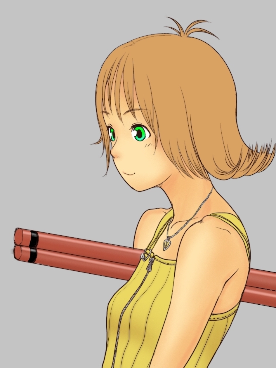 1girl breasts brown_hair bubinoana closed_mouth commentary_request final_fantasy final_fantasy_viii flipped_hair green_eyes highres jewelry necklace nunchaku selphie_tilmitt short_hair simple_background smile solo weapon yellow_overalls