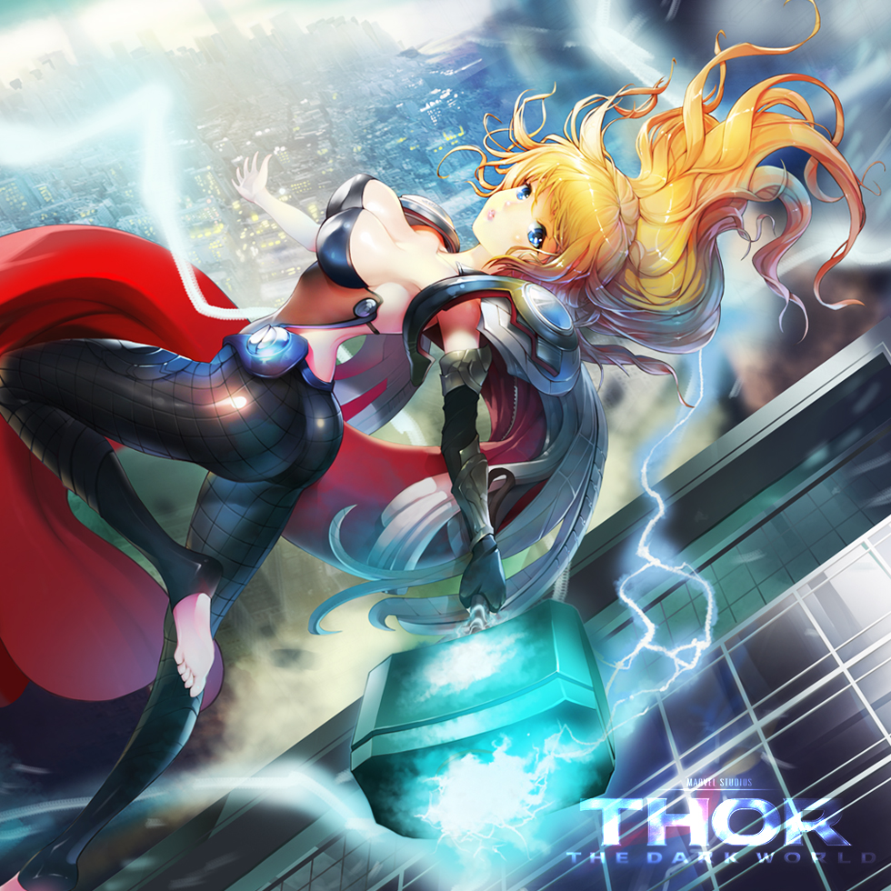 1girl armpits avengers black_gloves black_legwear blonde_hair blue_eyes breasts cape character_name cleavage elbow_gloves electricity genderswap genderswap_(mtf) gloves hammer large_breasts lips long_hair looking_at_viewer marvel neck pantyhose red_cape ruba_(akiraoe_84) single_elbow_glove single_glove skin_tight solo thor_(marvel)