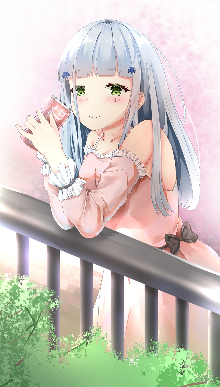 1girl alternate_costume blush cherry_blossoms coca-cola detached_sleeves dress frilled_sleeves frills girls_frontline green_eyes highres hk416_(girls_frontline) leaf pink_dress railing silver_hair sleeveless sleeveless_dress smile solo tin_can tree u.b_m1s2s