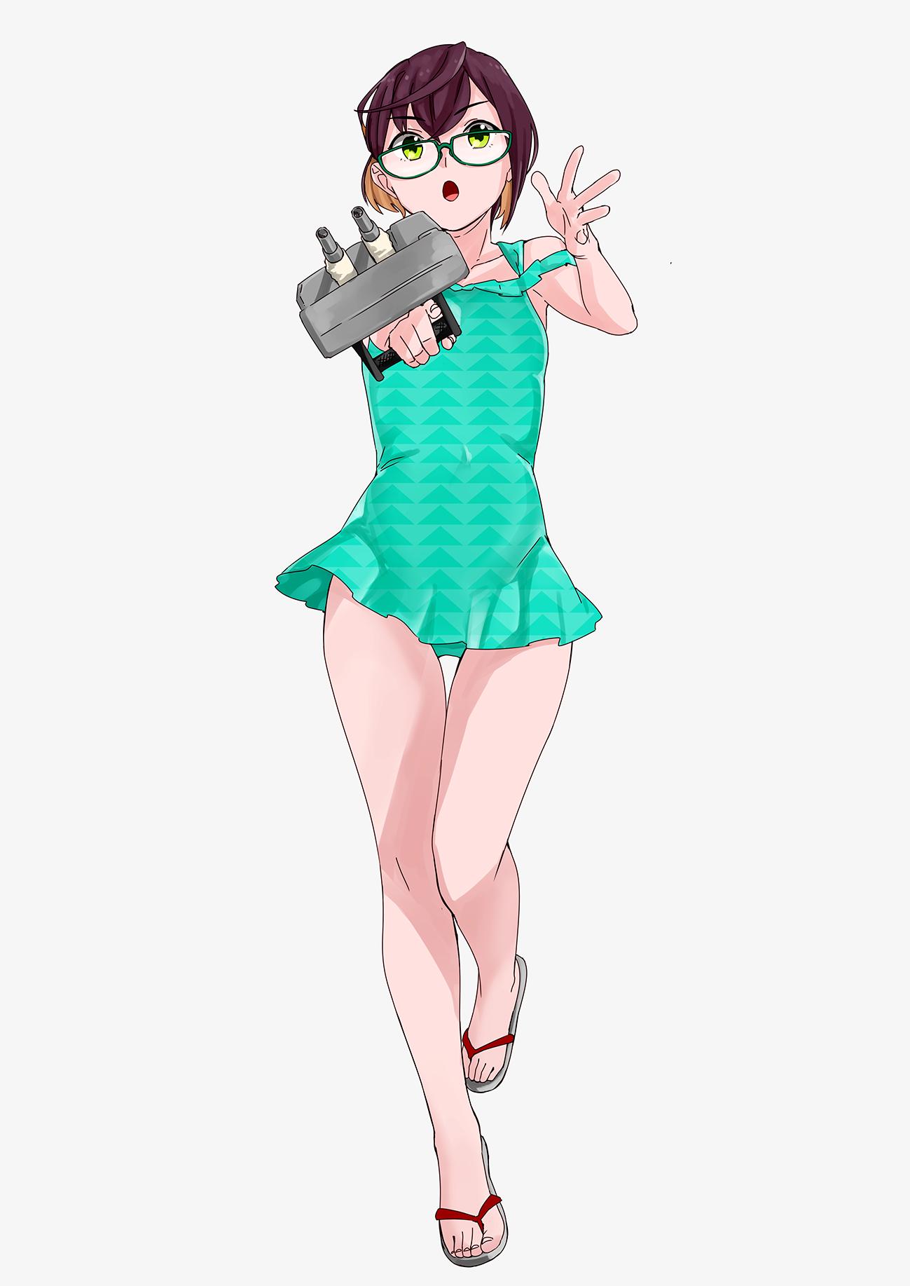 1girl bangs bare_legs bare_shoulders breasts brown_hair covered_navel eyebrows_visible_through_hair full_body glasses green-framed_eyewear green_eyes grey_background hair_between_eyes hair_over_one_eye highres holding holding_weapon kantai_collection looking_at_viewer multicolored_hair ojipon okinami_(kantai_collection) one-piece_swimsuit open_mouth purple_hair short_hair simple_background slippers solo standing swimsuit symbol_commentary turret weapon