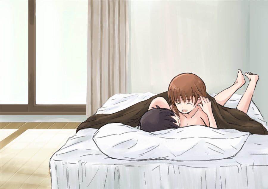 2girls ^_^ bed blush breasts brown_hair cleavage closed_eyes closed_eyes girls_und_panzer hand_in_another's_hair lying medium_breasts multiple_girls mutsu_(layergreen) nishizumi_maho nishizumi_miho on_stomach pillow short_hair siblings sisters smile the_pose under_covers window