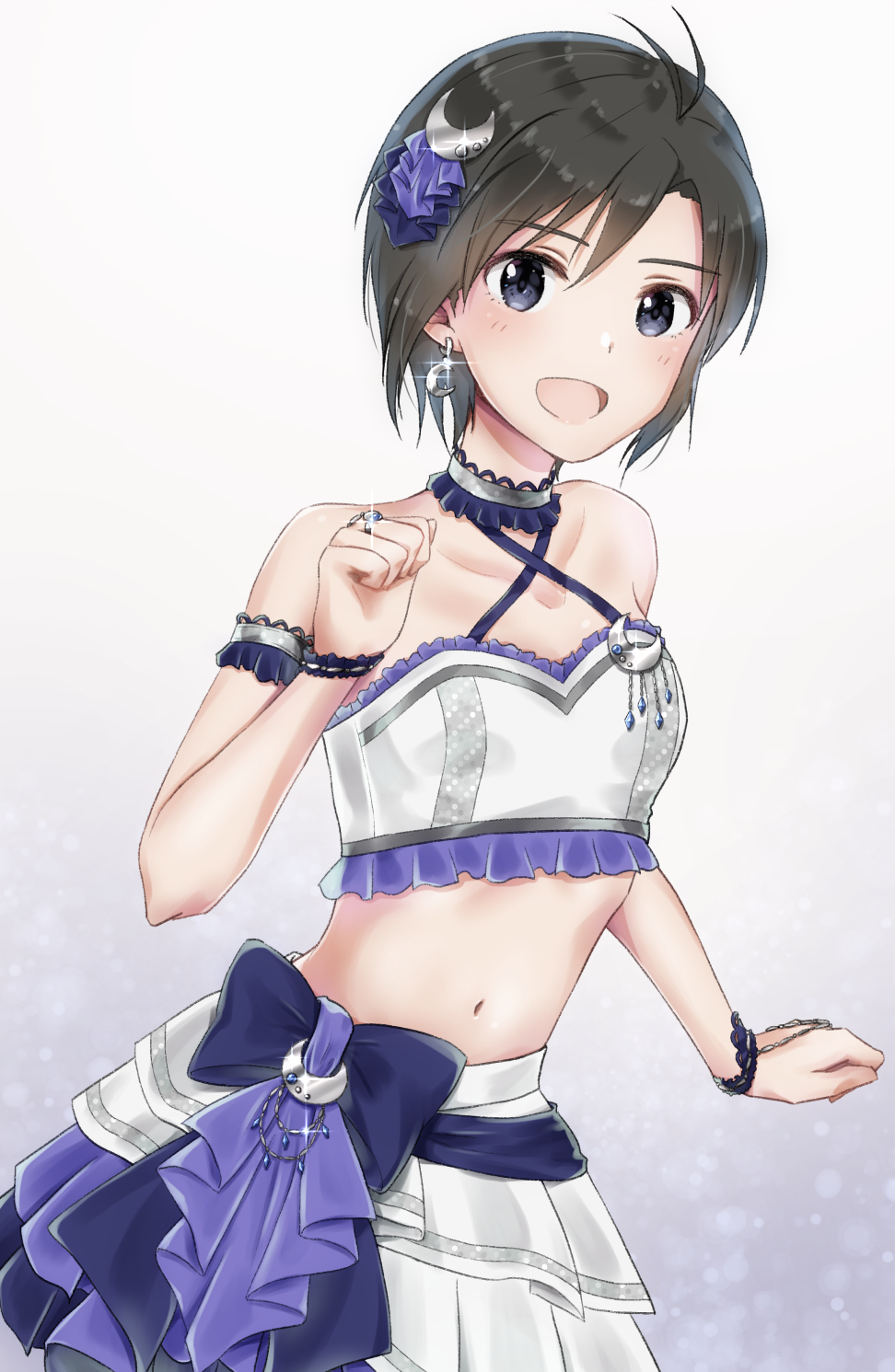 1girl :d antenna_hair arm_strap bare_shoulders black_eyes black_hair blue_bow bow breasts choker collarbone crescent crescent_hair_ornament criss-cross_halter crop_top earrings eyebrows_visible_through_hair grey_background hair_between_eyes hair_ornament halterneck highres idolmaster idolmaster_(classic) jewelry kikuchi_makoto layered_skirt looking_at_viewer midriff mogskg navel open_mouth pleated_skirt shiny shiny_hair short_hair simple_background skirt small_breasts smile solo sparkle standing stomach white_background white_skirt
