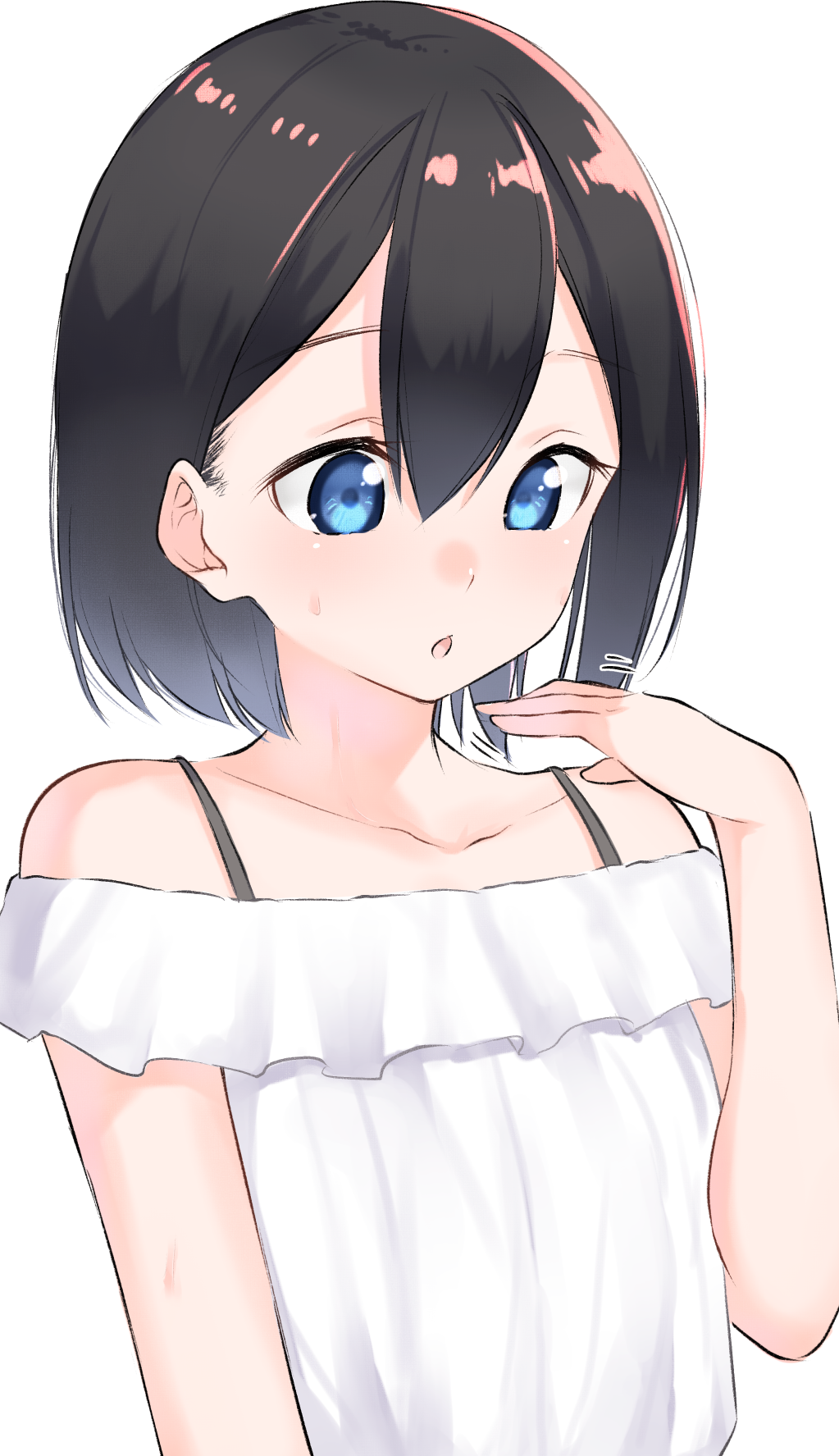1girl bangs bare_shoulders black_hair blue_eyes blush chestnut_mouth collarbone commentary_request eyebrows_visible_through_hair fanning_self hair_between_eyes hand_up highres looking_away off-shoulder_shirt off_shoulder original parted_lips shirt simple_background solo suzunari_shizuku sweat upper_body white_background white_shirt yuki_arare