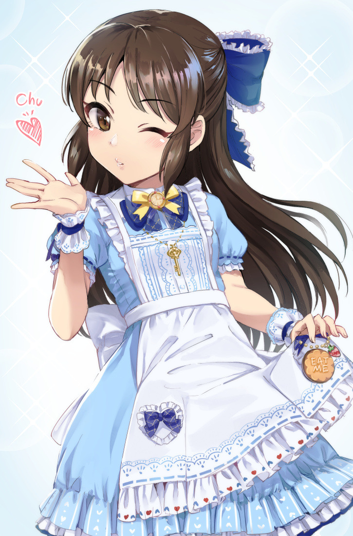 1girl apron back_bow black_hair blown_kiss blue_bow blue_dress blush bow bowtie brooch brown_eyes bubble commentary cookie cowboy_shot dress eat_me eyebrows_visible_through_hair food frilled_apron frilled_bow frills fruit hair_bow half_updo heart heart_print idolmaster idolmaster_cinderella_girls idolmaster_cinderella_girls_starlight_stage jewelry key key_necklace long_hair looking_at_viewer mintol_(qool+) necklace one_eye_closed parted_lips ribbon short_sleeves skirt_hold solo sparkle strawberry tachibana_arisu white_bow wrist_cuffs wrist_ribbon