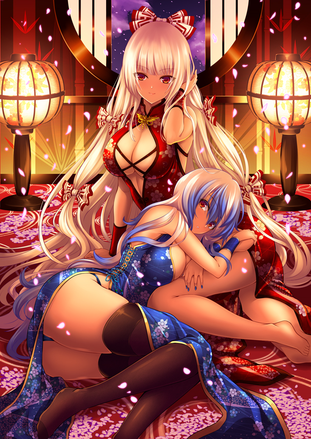 2girls alternate_costume ass bangs bare_arms bare_shoulders barefoot black_legwear blue_hair blue_nails bow breasts china_dress chinese_clothes commentary_request dress eyebrows_visible_through_hair feet_out_of_frame floral_print fujiwara_no_mokou hair_between_eyes hair_bow hand_in_hair hand_up hijikawa_arashi indoors kamishirasawa_keine lap_pillow large_breasts long_hair looking_at_viewer lying multicolored_hair multiple_girls nail_polish no_hat no_headwear no_shoes on_side parted_lips pelvic_curtain petals red_dress red_eyes side_slit silver_hair sitting sleeveless sleeveless_dress streaked_hair thighs touhou very_long_hair white_bow window wrist_cuffs