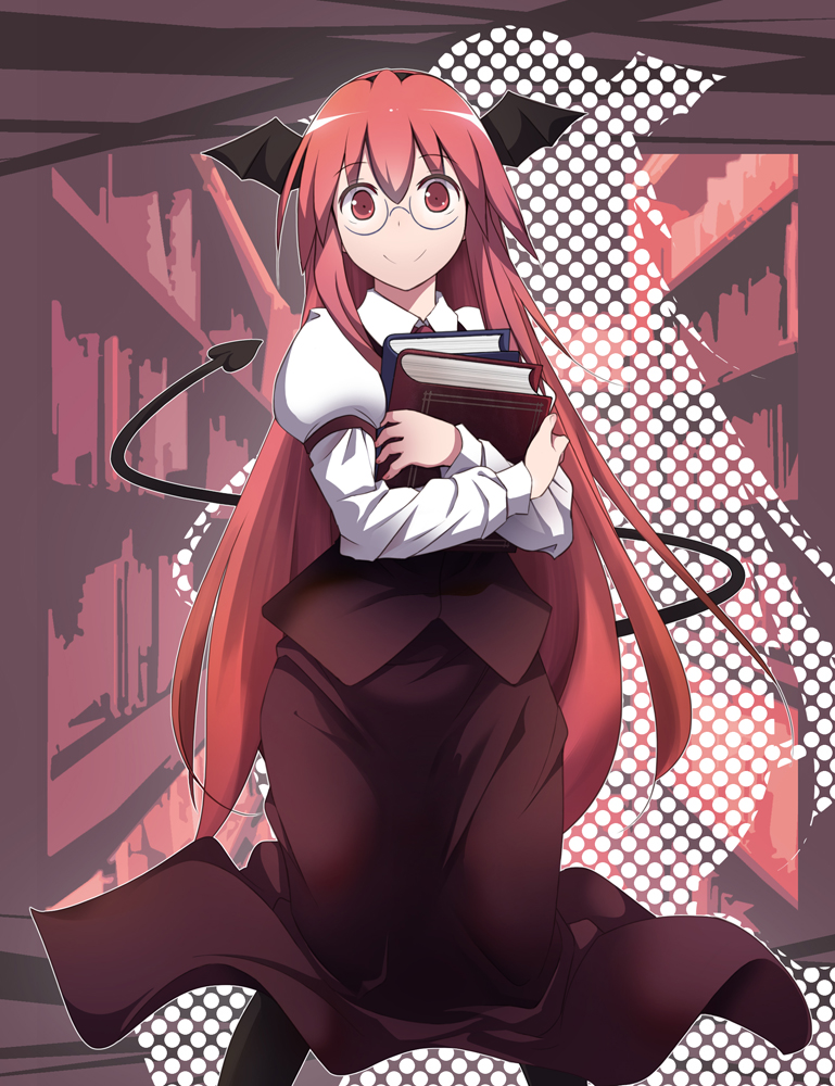 1girl bangs bespectacled black_legwear black_skirt black_vest book commentary_request demon_tail demon_wings eyebrows_visible_through_hair feet_out_of_frame glasses hair_between_eyes head_wings holding holding_book indoors juliet_sleeves koakuma long_hair long_sleeves looking_at_viewer otoufu_(wddkq314band) outline pantyhose polka_dot puffy_sleeves red_eyes redhead shirt silhouette skirt skirt_set smile solo standing tail touhou very_long_hair vest white_outline white_shirt wings