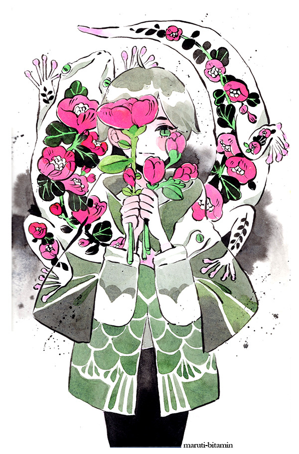 1girl cowboy_shot flower green_eyes grey_hair holding holding_flower leaf long_sleeves looking_at_viewer maruti_bitamin one_eye_covered original pink_flower reptile short_hair solo