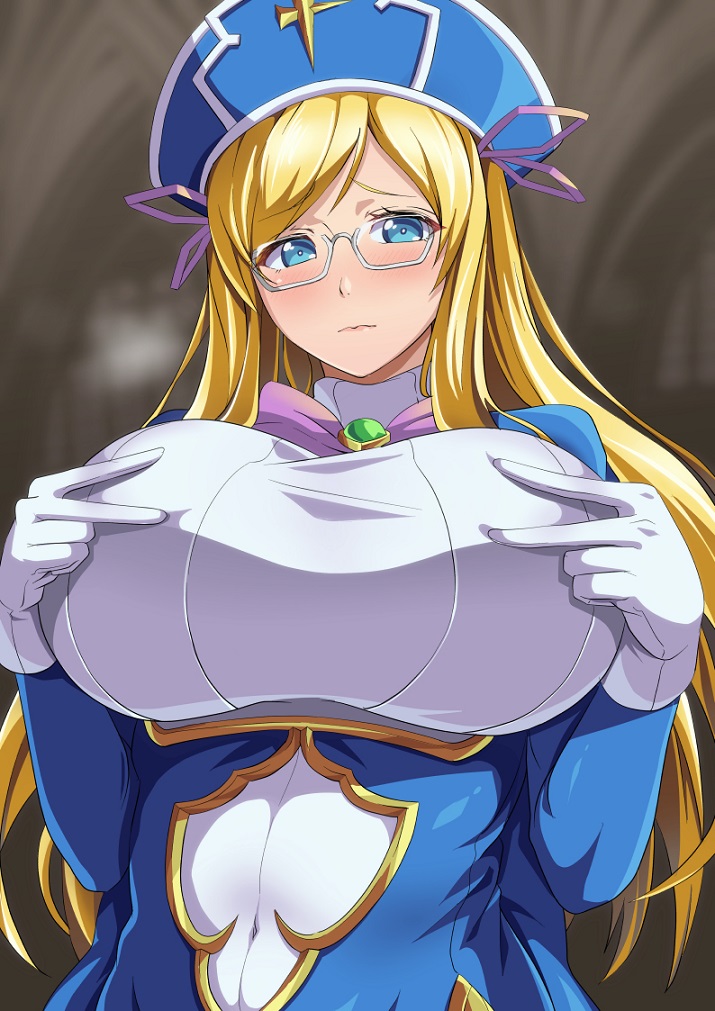 1girl blonde_hair blue_eyes blush bow bowtie breasts closed_mouth covered_navel framed_breasts glasses gloves hat huge_breasts long_hair looking_at_viewer melpha namakemono_(u446644k) nun queen's_blade semi-rimless_eyewear solo under-rim_eyewear upper_body white_gloves