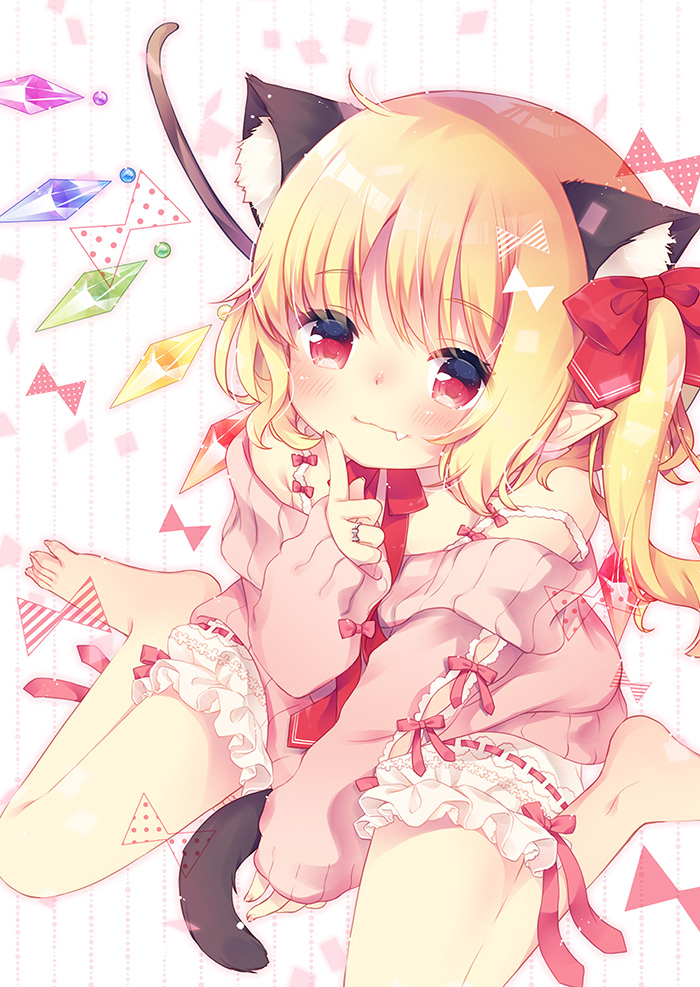 1girl ahoge alternate_costume animal_ear_fluff animal_ears aogiri_sei bare_shoulders barefoot blonde_hair bloomers blush bow cat_ears cat_tail closed_mouth crystal fang fang_out finger_to_face flandre_scarlet from_above hair_bow jewelry kemonomimi_mode long_sleeves looking_at_viewer medium_hair no_hat no_headwear off_shoulder one_side_up pink_sweater pointy_ears red_bow red_eyes ribbon-trimmed_bloomers ring sitting sleeves_past_wrists solo strap_slip sweater tail touhou underwear wariza white_background wings