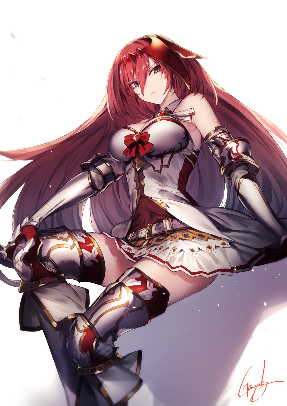 1girl artist_name bare_shoulders blue_eyes breasts closed_mouth detached_collar elbow_gloves gauntlets gloves godguard_brodia granblue_fantasy greaves hair_between_eyes hand_on_own_knee headgear highres kyouya_(mukuro238) large_breasts long_hair looking_at_viewer miniskirt pleated_skirt redhead signature simple_background skirt solo thigh-highs white_background