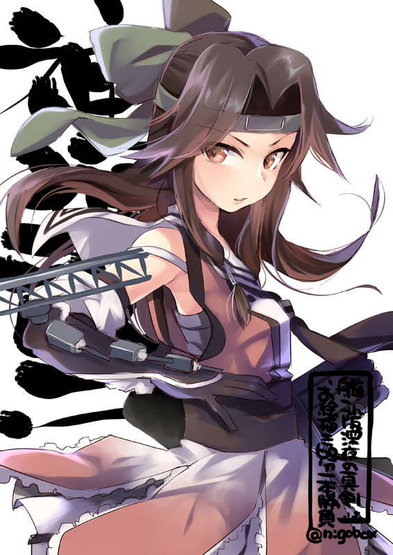1girl brown_eyes brown_hair character_name commentary_request elbow_gloves forehead_protector gloves hachimaki hair_intakes half_updo headband jintsuu_(kantai_collection) kantai_collection long_hair looking_at_viewer machinery nigo remodel_(kantai_collection) school_uniform serafuku simple_background solo twitter_username white_background