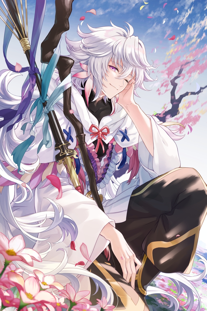1boy black_pants fate/grand_order fate_(series) highres long_hair looking_at_viewer male_focus merlin_(fate) messy_hair michi_(iawei) one_eye_closed pants petals robe smile solo staff violet_eyes white_hair