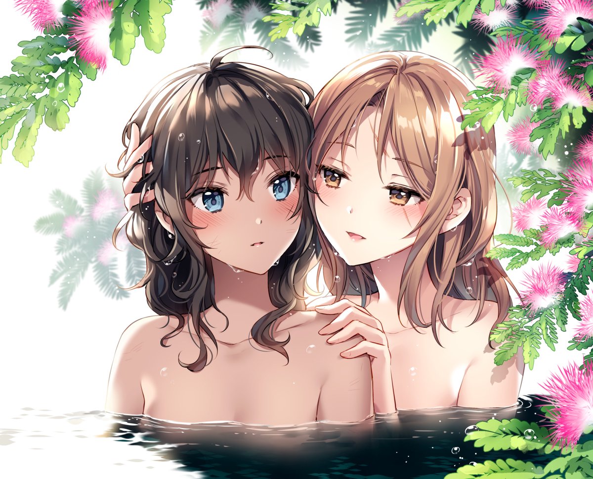 2girls ahoge bangs bathing black_hair blue_eyes blush breasts brown_eyes brown_hair collarbone commentary_request copyright_request dark_skin eyebrows_visible_through_hair facial_scar flower hair_between_eyes hand_on_another's_head hand_on_another's_shoulder korean_commentary long_hair multiple_girls nardack nude parted_bangs parted_lips partially_submerged pink_flower plant scar seductive_smile small_breasts smile upper_body water water_drop wet wet_hair yuri