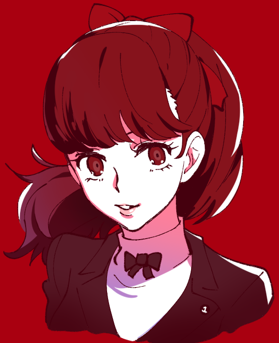 1girl bangs black_jacket bow close-up face gloves hair_bow hair_ornament jacket long_hair looking_at_viewer parted_lips persona persona_5 persona_5_the_royal ponytail portrait red_background red_bow red_eyes redhead school_uniform shuujin_academy_uniform simple_background smile solo tadano_knn turtleneck yoshizawa_kasumi