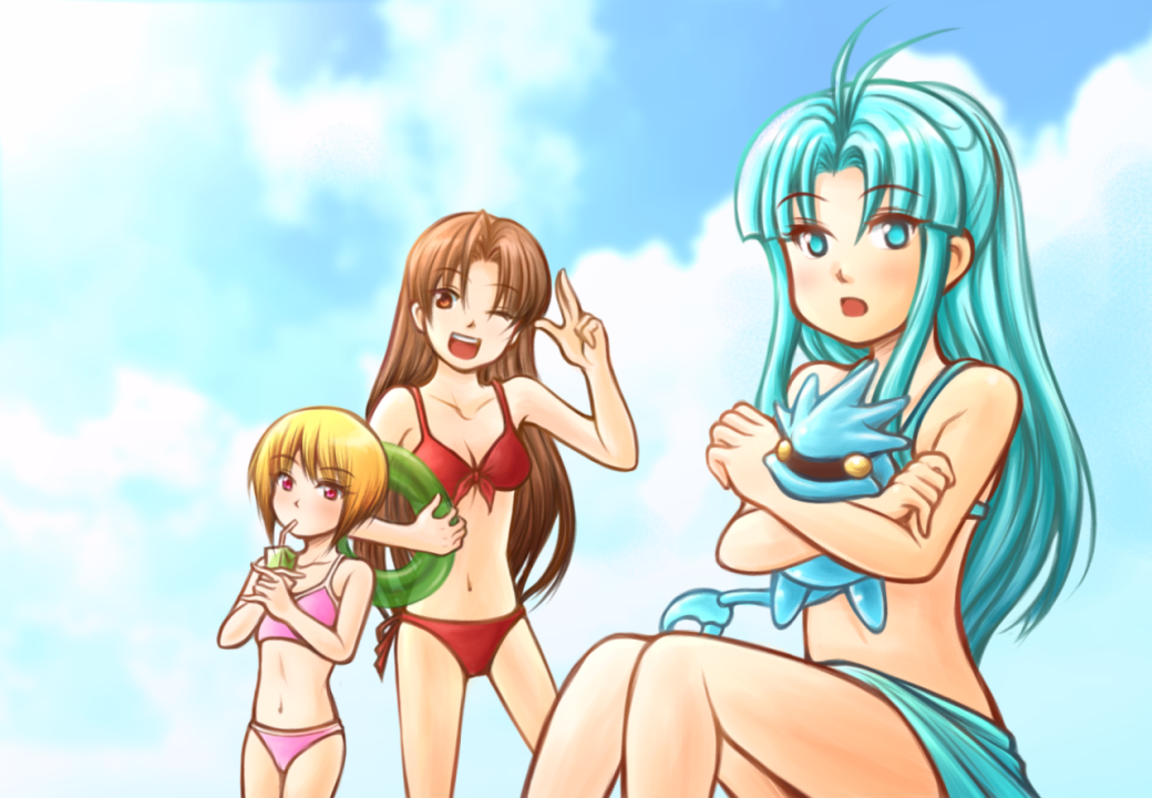 3girls bikini blonde_hair blue_bikini blue_hair brown_hair camelot_(company) cute deviantart dragon drinking golden_sun innertube jasmine_(golden_sun) juice long_hair looking_at_viewer mary_(golden_sun) nintendo one_eye_closed pink_bikini red_bikini shiba_(golden_sun) short_hair summer tacoyaki thaumana tomboy wink