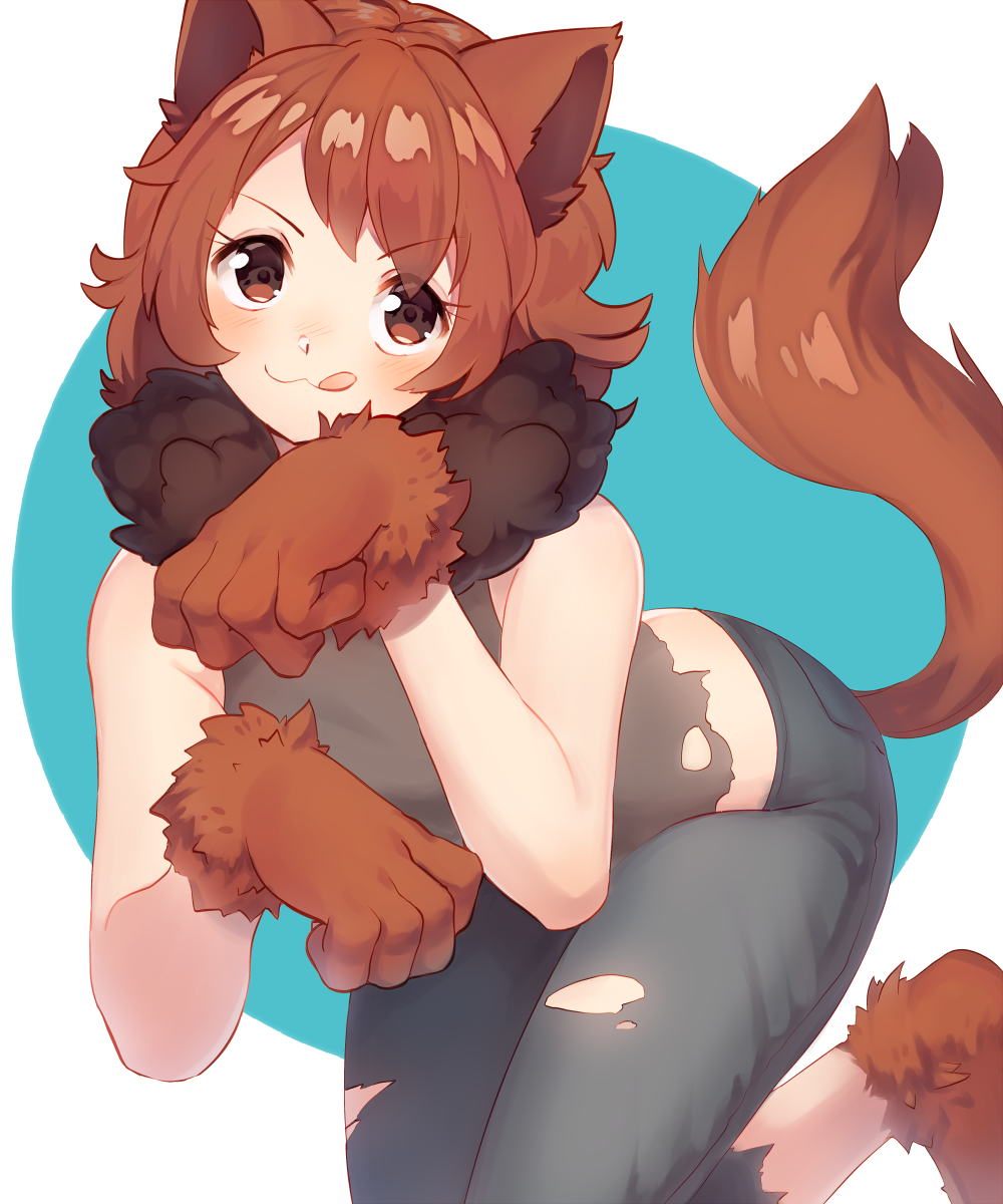 1girl :3 animal_ears bare_shoulders blue_background blush borrowed_character brown_eyes brown_gloves brown_hair closed_mouth commentary_request commission dog_ears dog_girl dog_tail fur_collar gloves grey_pants grey_shirt highres long_hair looking_at_viewer numbers_(boars) original pants paw_gloves paw_shoes paws shirt shoes sleeveless sleeveless_shirt solo tail tail_raised tongue tongue_out torn_clothes torn_pants torn_shirt two-tone_background v-shaped_eyebrows white_background