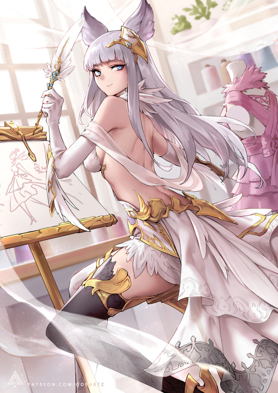 1girl animal_ears backless_dress backless_outfit bangs black_legwear blue_eyes blunt_bangs breasts commentary dress dutch_angle elbow_gloves erune from_side gloves granblue_fantasy hair_ornament highres indoors korwa long_hair looking_back mismatched_legwear oopartz_yang quill sideboob sidelocks silver_hair sitting small_breasts smile solo thigh-highs white_dress white_gloves white_legwear