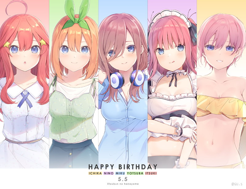 5girls 6u_(eternal_land) ahoge bangs bare_shoulders bikini blue_cardigan blue_eyes blue_ribbon blue_skirt blunt_bangs bow breasts brown_hair cleavage collared_shirt commentary_request dress dress_shirt frilled_bikini frills gloves go-toubun_no_hanayome green_ribbon green_tank_top hair_between_eyes hair_ornament hair_ribbon happy_birthday headphones headphones_around_neck large_breasts long_hair long_sleeves looking_at_viewer maid maid_dress maid_headdress multiple_girls nakano_ichika nakano_itsuki nakano_miku nakano_nino nakano_yotsuba navel open_mouth orange_hair pink_hair redhead ribbon shirt short_hair skirt smile star star_hair_ornament stomach strapless strapless_bikini swimsuit white_dress white_gloves white_shirt yellow_bikini