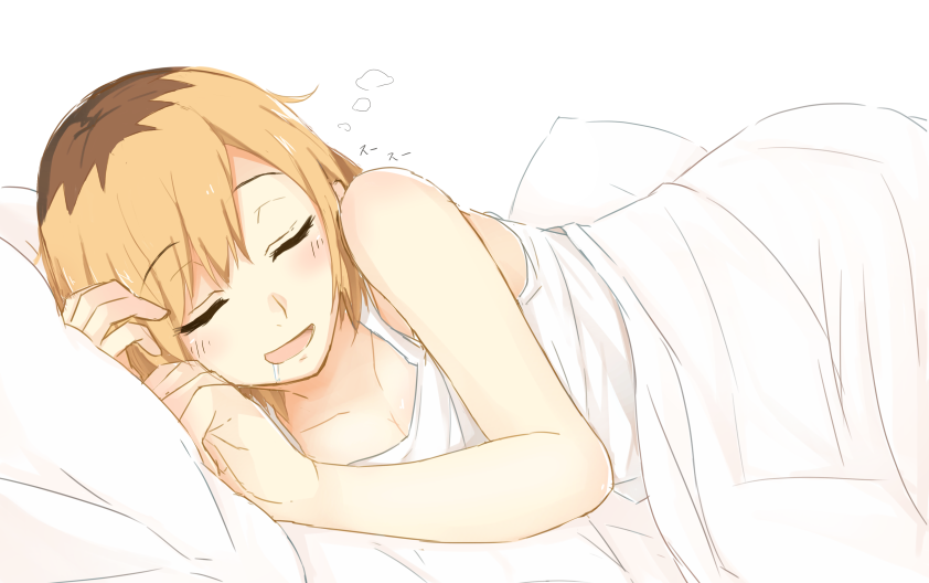 1girl :d bed_sheet blonde_hair breasts brown_hair cleavage closed_eyes collarbone drooling eyebrows_visible_through_hair from_side lying miyamori_aoi multicolored_hair on_bed on_side open_mouth pillow shirobako shirt short_hair simple_background sketch sleeping sleeveless sleeveless_shirt small_breasts smile solo tahita1874 two-tone_hair under_covers white_background white_shirt