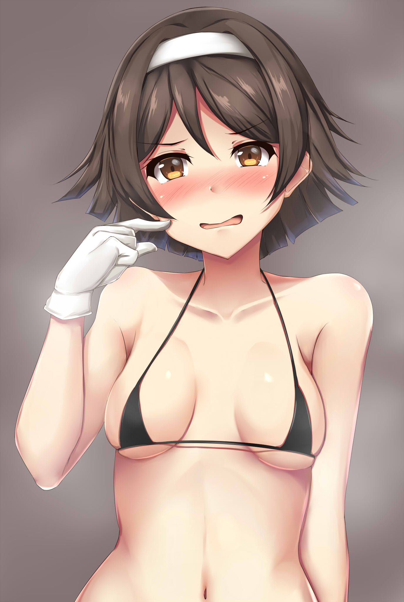 1girl black_hair blush breasts brown_eyes eyebrows_visible_through_hair gloves grey_background hair_between_eyes hairband highres kantai_collection navel open_mouth short_hair simple_background small_breasts solo steam tanikaze_(kantai_collection) terakoya white_gloves white_hairband