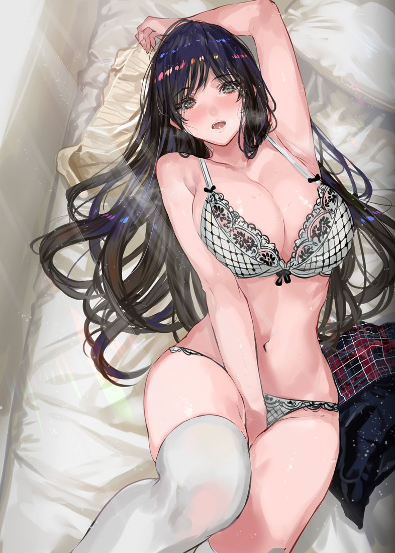 1girl between_legs black_hair blush bra breasts cleavage commentary_request grey_eyes hand_behind_head hand_between_legs large_breasts lingerie long_hair looking_at_viewer lying multicolored_hair navel on_back on_bed open_mouth original panties pillow ran'ou_(tamago_no_kimi) single_thighhigh solo streaked_hair thigh-highs underwear
