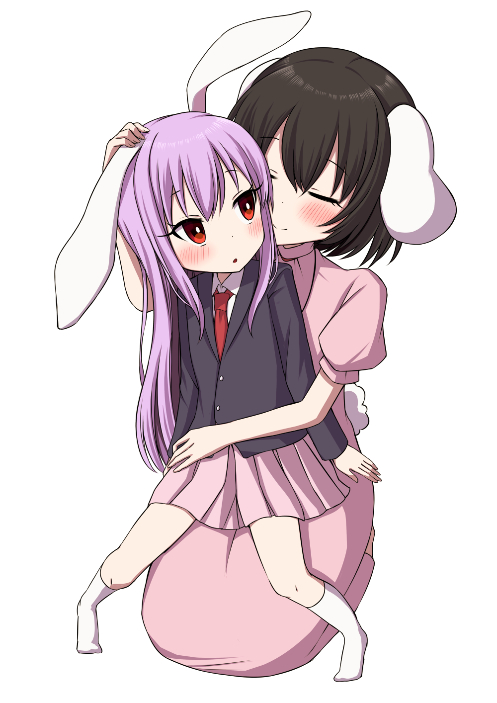 2girls :o alternate_height animal_ears arm_around_waist black_hair blush bright_pupils bunny_tail closed_eyes commentary_request dress dress_shirt eyebrows_visible_through_hair hair_between_eyes hand_on_another's_head high_collar highres inaba_tewi lavender_hair long_hair long_sleeves looking_at_another looking_back motherly multiple_girls necktie no_shoes pink_dress pink_skirt pleated_skirt puffy_short_sleeves puffy_sleeves rabbit_ears red_eyes red_neckwear reisen_udongein_inaba shirt short_hair short_sleeves simple_background sitting sitting_on_lap sitting_on_person skirt smile suit_jacket tail touhou tsukimirin very_long_hair white_background white_legwear white_pupils white_shirt