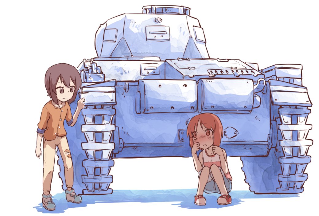 2girls bangs blue_shorts blush brown_eyes brown_hair brown_pants commentary crying crying_with_eyes_open eyebrows_visible_through_hair girls_und_panzer ground_vehicle looking_at_another military military_vehicle monolith_(suibou_souko) motor_vehicle multiple_girls nishizumi_maho nishizumi_miho orange_shirt pants panzerkampfwagen_ii pink_shirt red_footwear shadow shirt shoes short_hair short_sleeves shorts siblings sisters sneakers squatting standing tank tank_top tears white_footwear wiping_tears younger