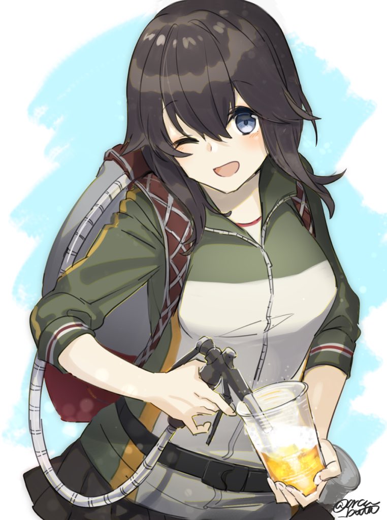 1girl alcohol beer black_hair black_skirt commentary_request cowboy_shot glass grey_eyes hayasui_(kantai_collection) hose_nozzle jacket kantai_collection looking_at_viewer multicolored multicolored_clothes multicolored_jacket one_eye_closed open_mouth pleated_skirt short_hair skirt smile solo track_jacket twitter_username yamashiki_(orca_buteo)