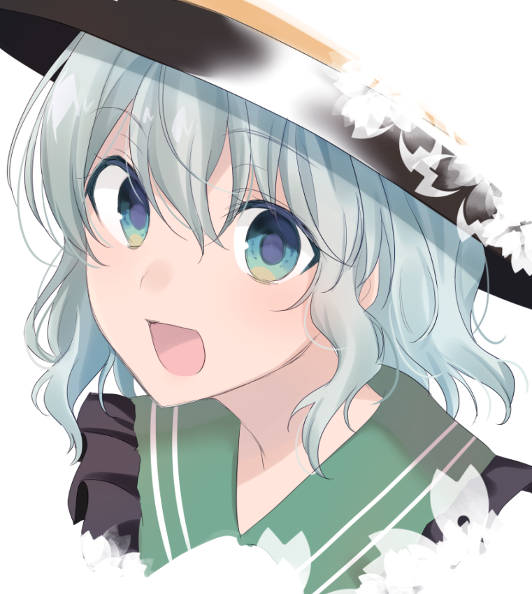 1girl :d asa_(coco) bangs black_headwear commentary_request eyebrows_visible_through_hair flower frilled_shirt_collar frills green_eyes green_hair hair_between_eyes komeiji_koishi looking_at_viewer open_mouth portrait short_hair simple_background smile solo touhou white_background