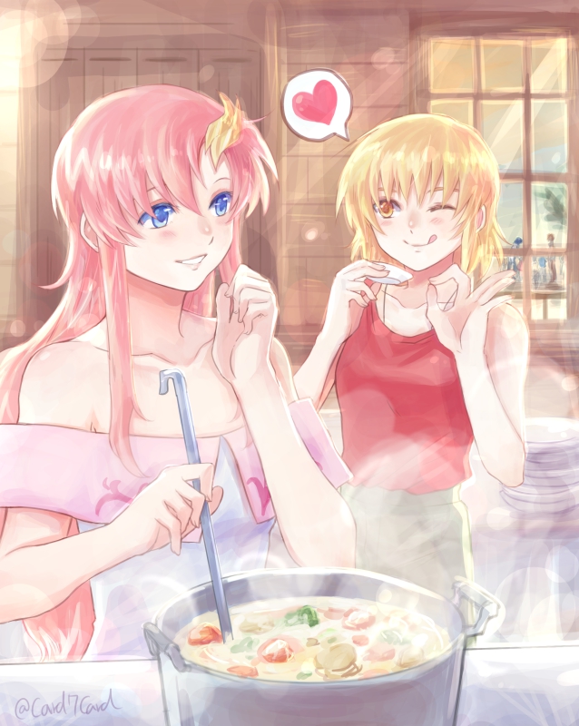 2girls ;q blonde_hair blue_eyes blush brown_eyes brown_pants cagalli_yula_athha collarbone cooking dress grin gundam gundam_seed heart holding indoors jewelry lacus_clyne lens_flare long_hair multiple_girls necklace off-shoulder_dress off_shoulder one_eye_closed pants pink_hair red_shirt shiny shiny_hair shirt short_hair sleeveless sleeveless_dress sleeveless_shirt smile speech_bubble standing tongue tongue_out twitter_username very_long_hair white_dress yuuka_seisen